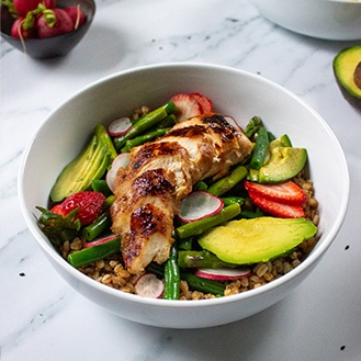 Grilled Chicken and Spring Vegetable Farro Salad with Roasted Garlic Tahini Dressing - Gourmet Food Store