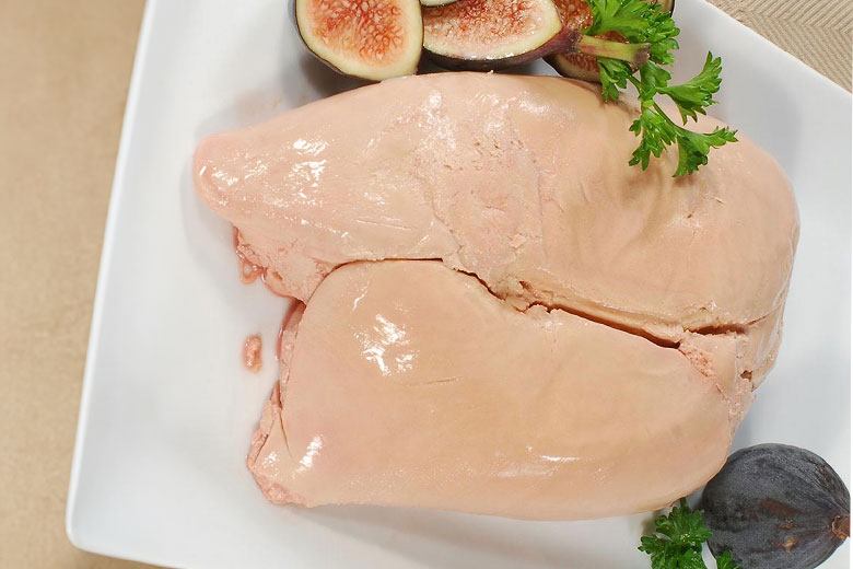 Whole lobe of foie gras on a plate, photo by Gourmet Food Store