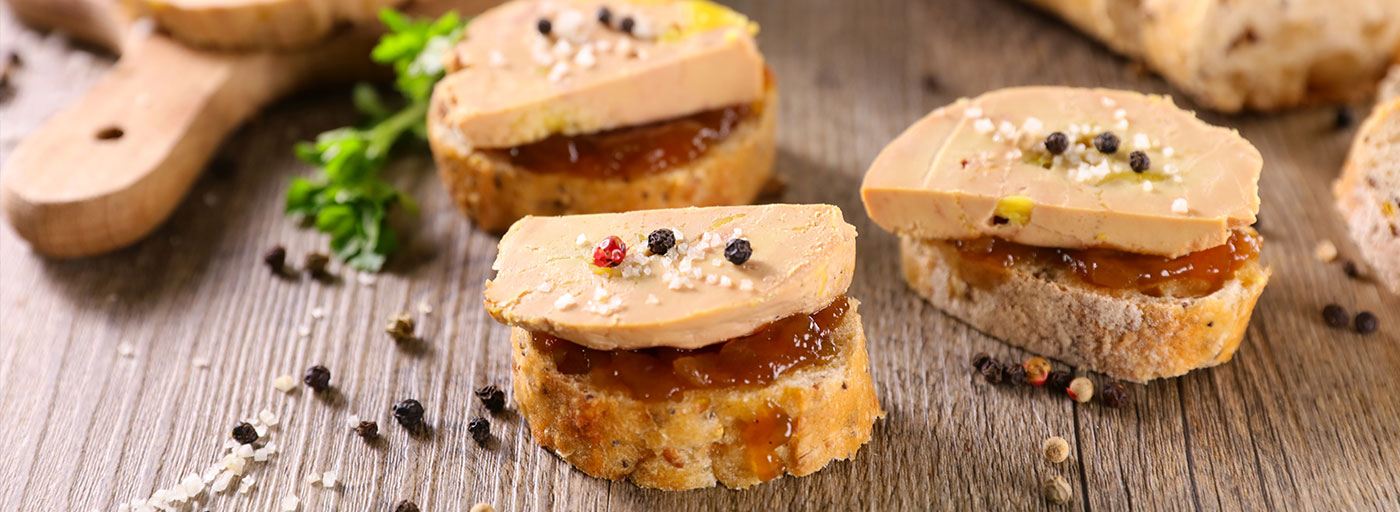 front view of foie gras appetizer on toast